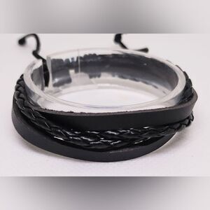 Men's leather bracelet braided layered black‎ new e50